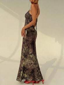Aloruh Spring/Summer Vacation Spaghetti Strap Tie-Up Fitted Sexy Printed Women's Dress - Brown - View 3