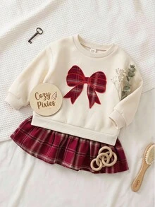 SHEIN LMoss Kids 女嬰針織秋冬衛衣洋裝，大蝴蝶刺繡拼接酒紅格紋裙，超可愛度假節日風可愛日系風 - 彩色 - 查看 1