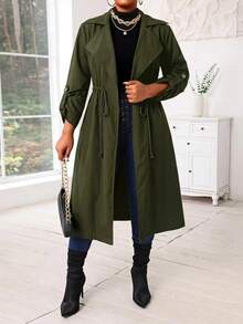 SHEIN Lady Jaket Trench Coat Wanita Warna Polos Berlipit, Modis, Serbaguna, untuk Aktivitas Sehari-hari, Kasual, dan Kasual. - Dark Green - View 4