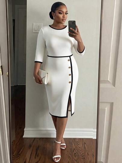 SHEIN Lady CURVE Plus size damklänning med färgblock och splitdesign, avslappnad elegant traditionell vardagsklänning för hösten, lämplig för lärardagen, kontoret och formella kvällstillställningar, vit