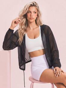 SHEIN Sovereign Charm 女款透視純色連帽運動夾克 - 黑色 - 查看 5