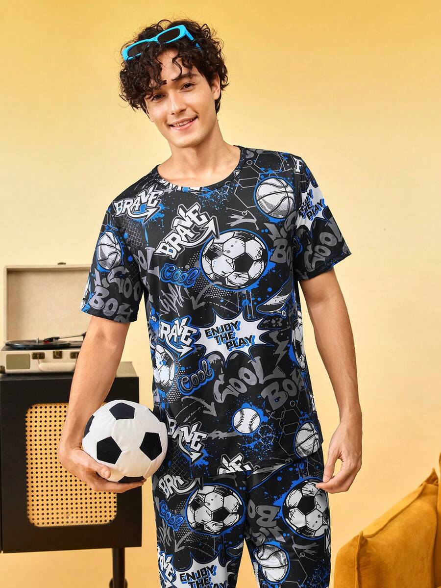 Notgurli Men's All-Over Print Crew Neck Short Sleeve & Long Pants Loungewear Set - Multicolor - View 1