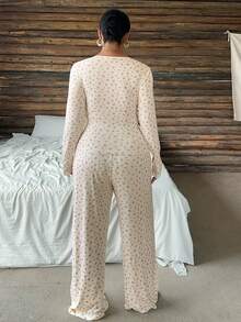 Dazy Plus 2pcs/Set Ditsy Floral Casual Slim Fit Long Sleeve Top & Pants Pajama Set, Spring/Autumn - White - View 6