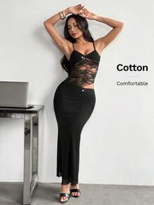 SHEIN PETITE 女款對比蕾絲腰部鏤空時尚性感細肩帶洋裝 - 黑色 - 查看 7