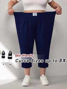 SHEIN CURVE+ 大尺碼女款休閒商務多功能純色高腰錐腳口袋長褲，海軍藍，適合辦公、度假、徒步、演唱會，夏季款 - 藏蓝色 - 查看 4