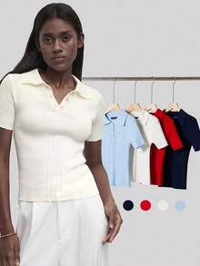 BizChic Top tricoté élégant d'automne pour femmes avec col à revers et demi-patte, manches courtes, tenue décontractée chic pour le travail urbain, Top basique, Top pour sorties - Nude - Voir 10