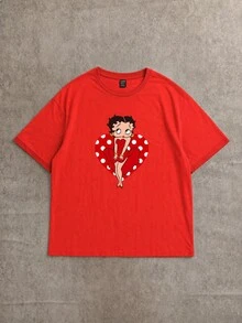 Betty Boop x SHEIN SHEIN EZwear 休閒極簡圓領短袖寬鬆女款愛心印花T恤，夏季街頭風，返校季，Y2K，派對，海灘度假，紅色 - 紅色 - 查看 5