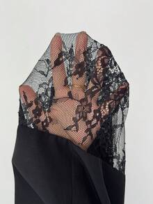 Elenzga 女款蕾絲拼接單排扣短袖上衣與長褲休閒套裝，性感日常穿搭，黑色夏季萬聖節派對夜生活套裝 - 黑色 - 查看 4