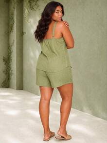 ELLERISSA Plus Size Green Linen Cami Top & Shorts Co-Ord Set - Green - View 2