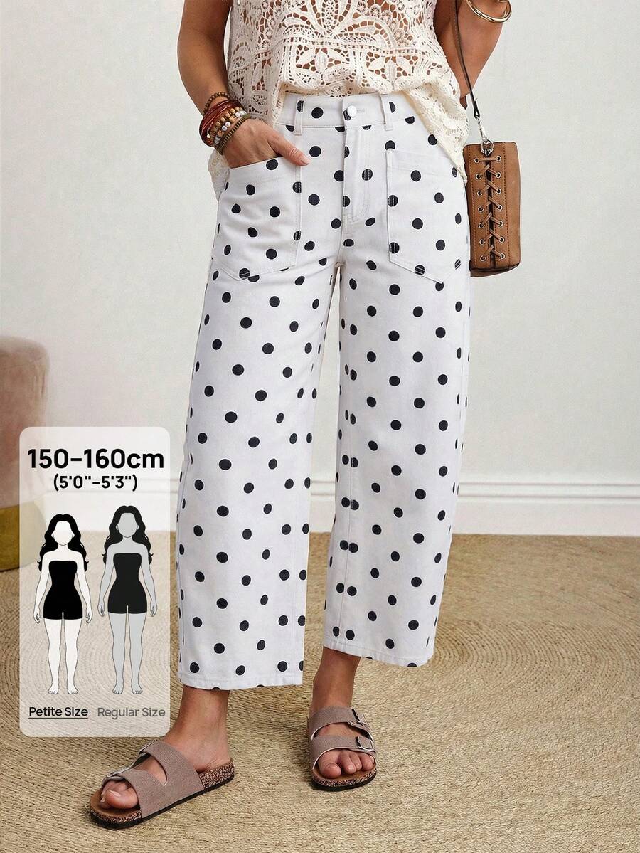 SHEIN PETITE 女款圓點印花喇叭褲牛仔褲 - 白色 - 查看 1