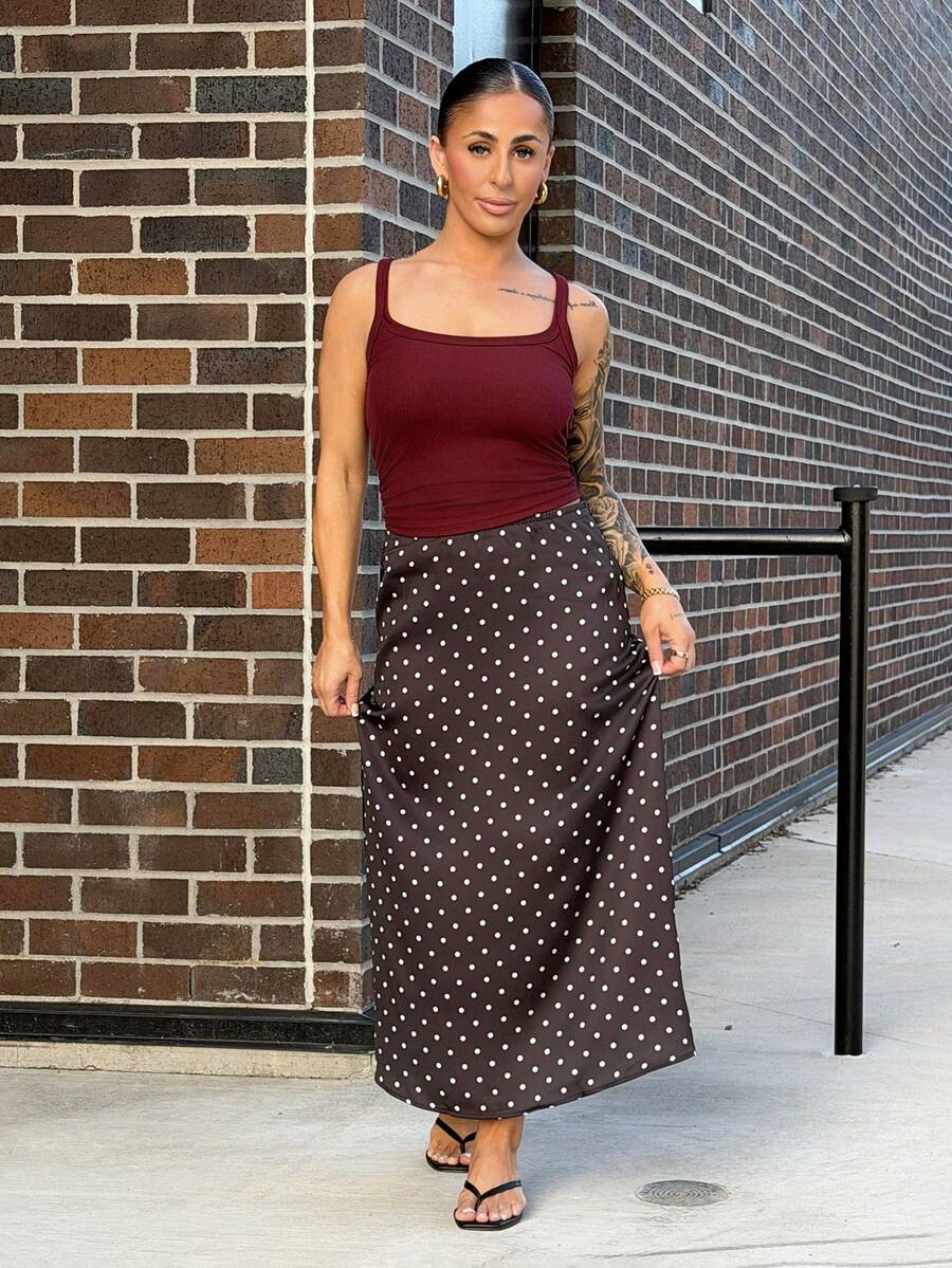 SAYEHFBABY Fashionable Casual Black Satin Polka Dot Skirt For Women Long Skirt Skirt Black And White Skirt Black Polka Dot Skirt Vacation Summer - Black - View 1