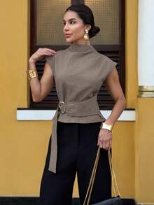 Yohana Edit Khaki Short Sleeve Shirt, Elegant Business Commute Minimalist Vintage Style Formal Shirt, Office Wear Summer - Khaki - View 4