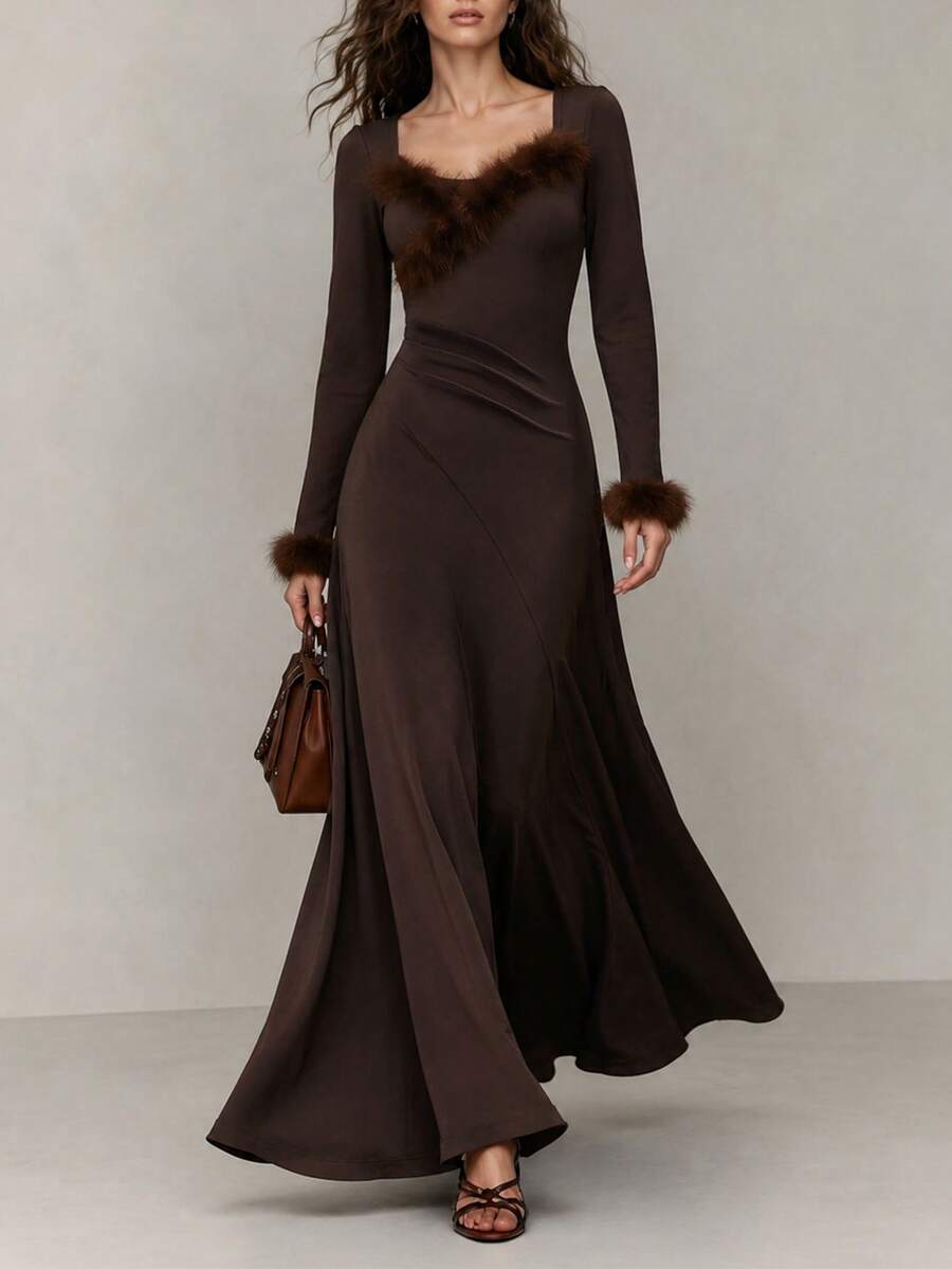 SHEIN Franclia 女式纯色毛绒心形领长袖优雅连衣裙 - 巧克力棕 - 查看 1