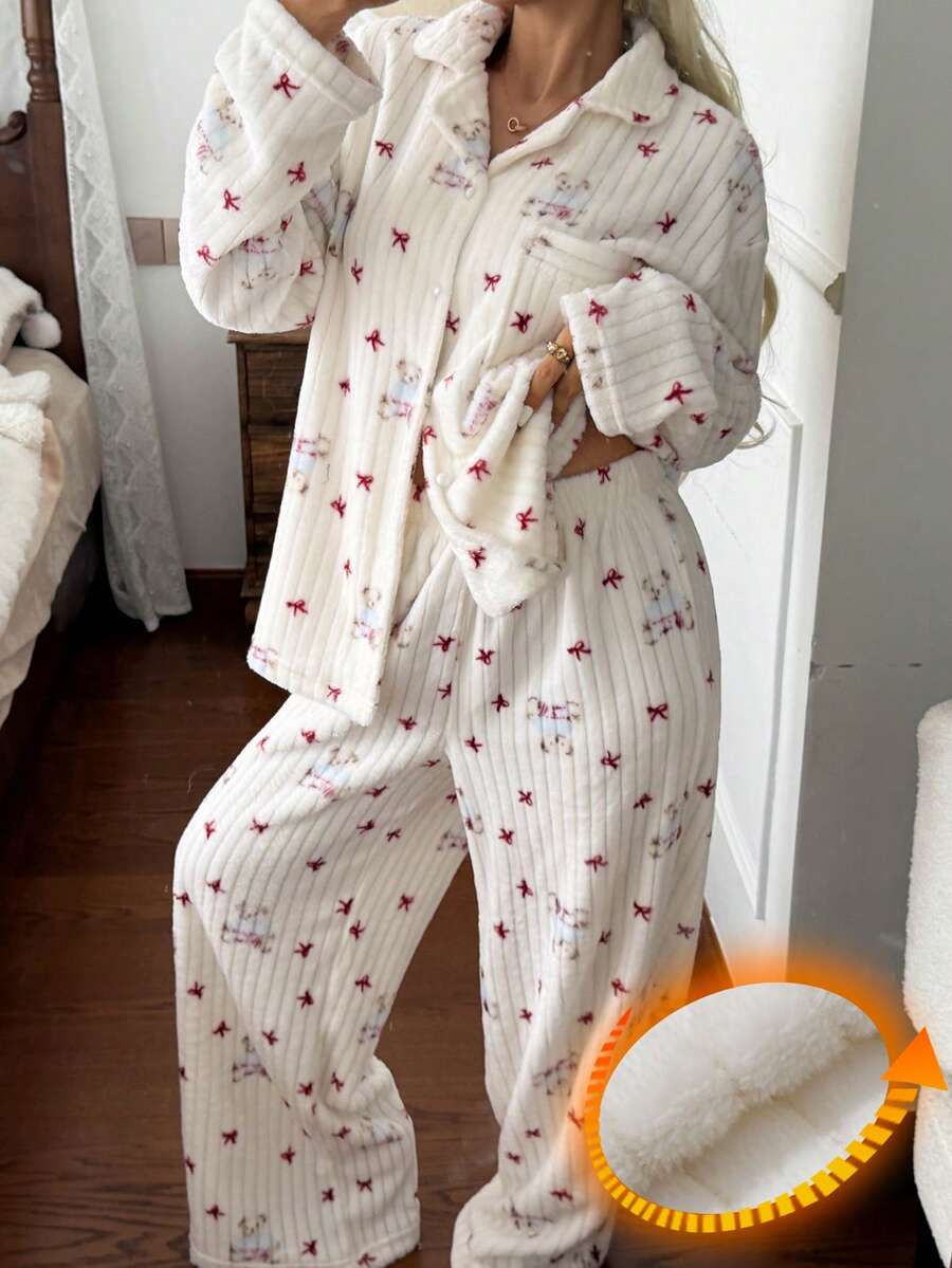 DAZY Winter Cute Bow & Bear Pattern All-Over Print Plush Women's Pajama Set Fall - Blue - View 1