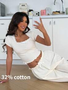 ZzzCrew Solid Color Slim Fit Lace Trim Square Neck Short Sleeve Long Pants Bow Decor Women's Pajama Set - Apricot - View 8