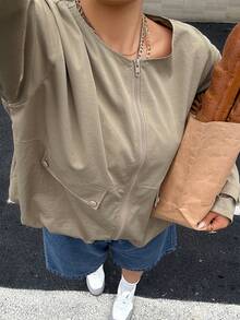 Dazy Plus 夏季新款女款大尺碼寬鬆休閒商務休閒風街頭夾克外套 - 卡其色 - 查看 5