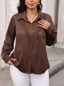 Reflora Plus Size Women's Lace Patchwork Casual Versatile Daily Wear Blouse Fall - Brown - View 4