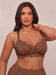 SHEIN BAE CURVE 圣诞蕾丝拼接加大码钢圈文胸 - 咖啡棕 - 查看 5