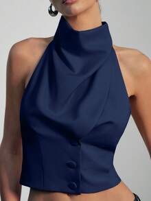 Hauture Women's Sexy Casual Office High Mock Drape Neck Backless Blazer Best Top - Navy Blue - View 4