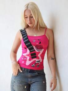 Grunge Punk ROMWE X Capri Everitt Women's Casual Versatile Daily Wear Musical Note Pattern Camisole Top - Pink - View 1