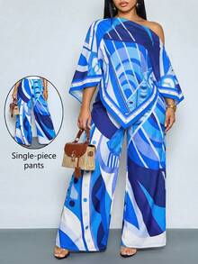 SOLERSUN Celana Panjang Wanita Ukuran Besar Kasual Motif Geometris Bunga Model A-Line Lebar untuk Musim Semi dan Musim Panas, Cocok untuk Liburan, Perjalanan, dan Pakaian Sehari-hari. - Biru - View 1