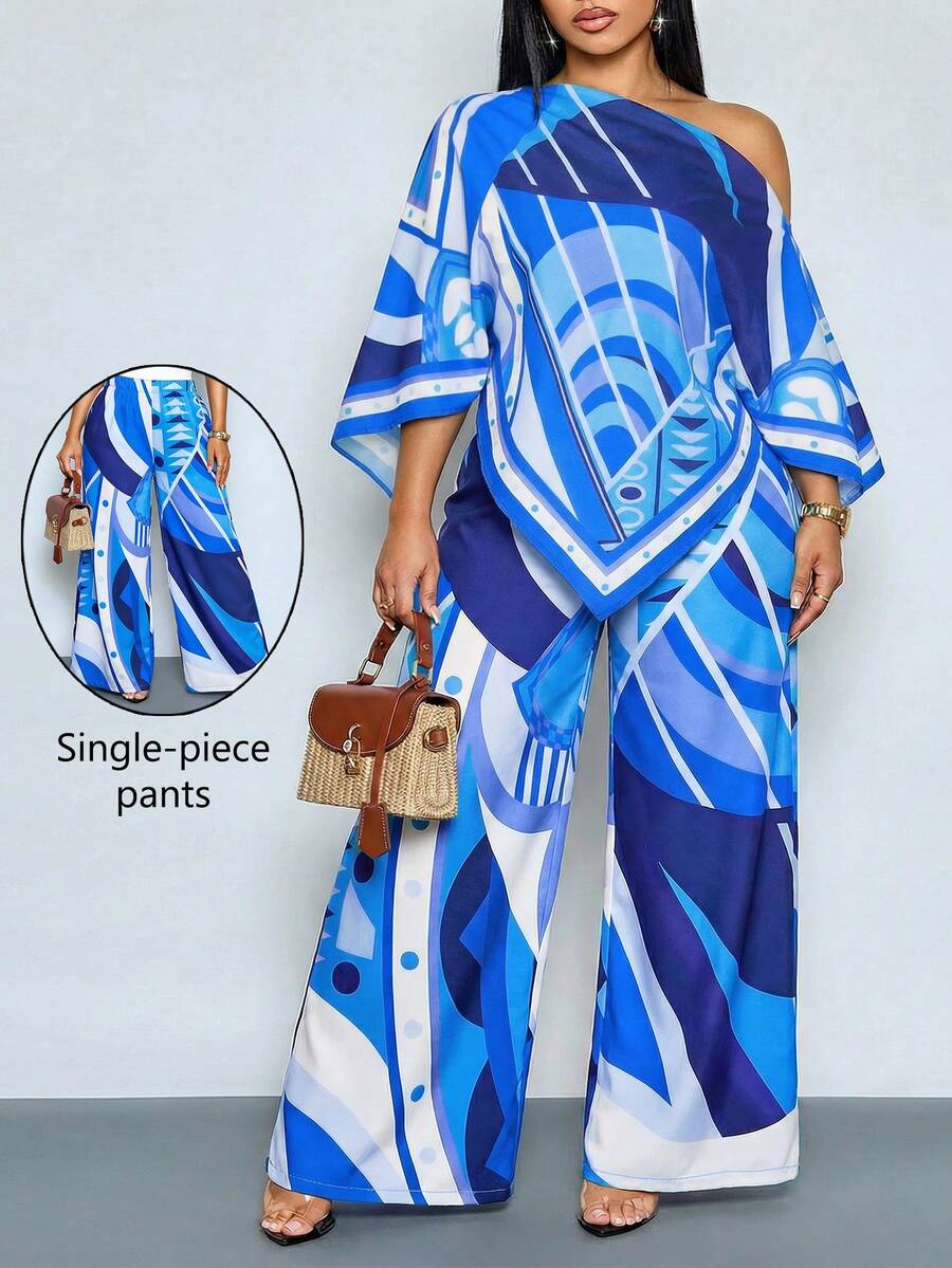 SOLERSUN Celana Panjang Wanita Ukuran Besar Kasual Motif Geometris Bunga Model A-Line Lebar untuk Musim Semi dan Musim Panas, Cocok untuk Liburan, Perjalanan, dan Pakaian Sehari-hari. - Biru - View 1