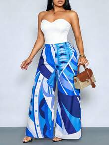 SOLERSUN Celana Panjang Wanita Ukuran Besar Kasual Motif Geometris Bunga Model A-Line Lebar untuk Musim Semi dan Musim Panas, Cocok untuk Liburan, Perjalanan, dan Pakaian Sehari-hari. - Biru - View 3