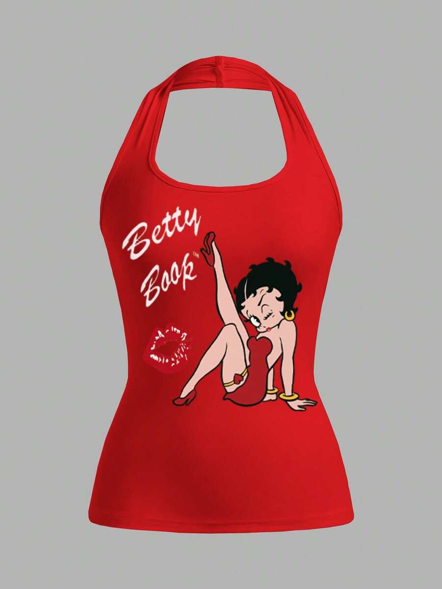 Betty Boop x SHEIN SHEIN EZwear 女款修身掛脖背心,卡通印花圖案,適合夏季 - 紅色 - 查看 1