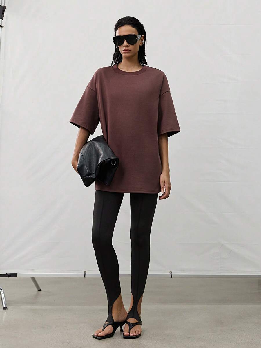 MERLEAU-F Camiseta de manga corta de unicolor casual versátil para uso diario, salidas nocturnas, marrón oscuro, verano, oficina casual, atuendos de trabajo para mujeres - Óxido marrón - Ver 1