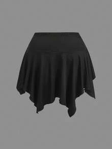 SHEIN CURVE+ Pantalones cortos con cintura elástica, cordón delantero y bajo asimétrico para tallas grandes - Negro - Ver 2