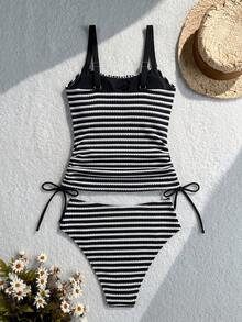 SHEIN Swim 成熟性感薄款黑白條紋特殊面料長褲泳衣上衣與高腰三角比基尼泳褲 2 件套 海灘派對夏季 - 彩色 - 查看 2