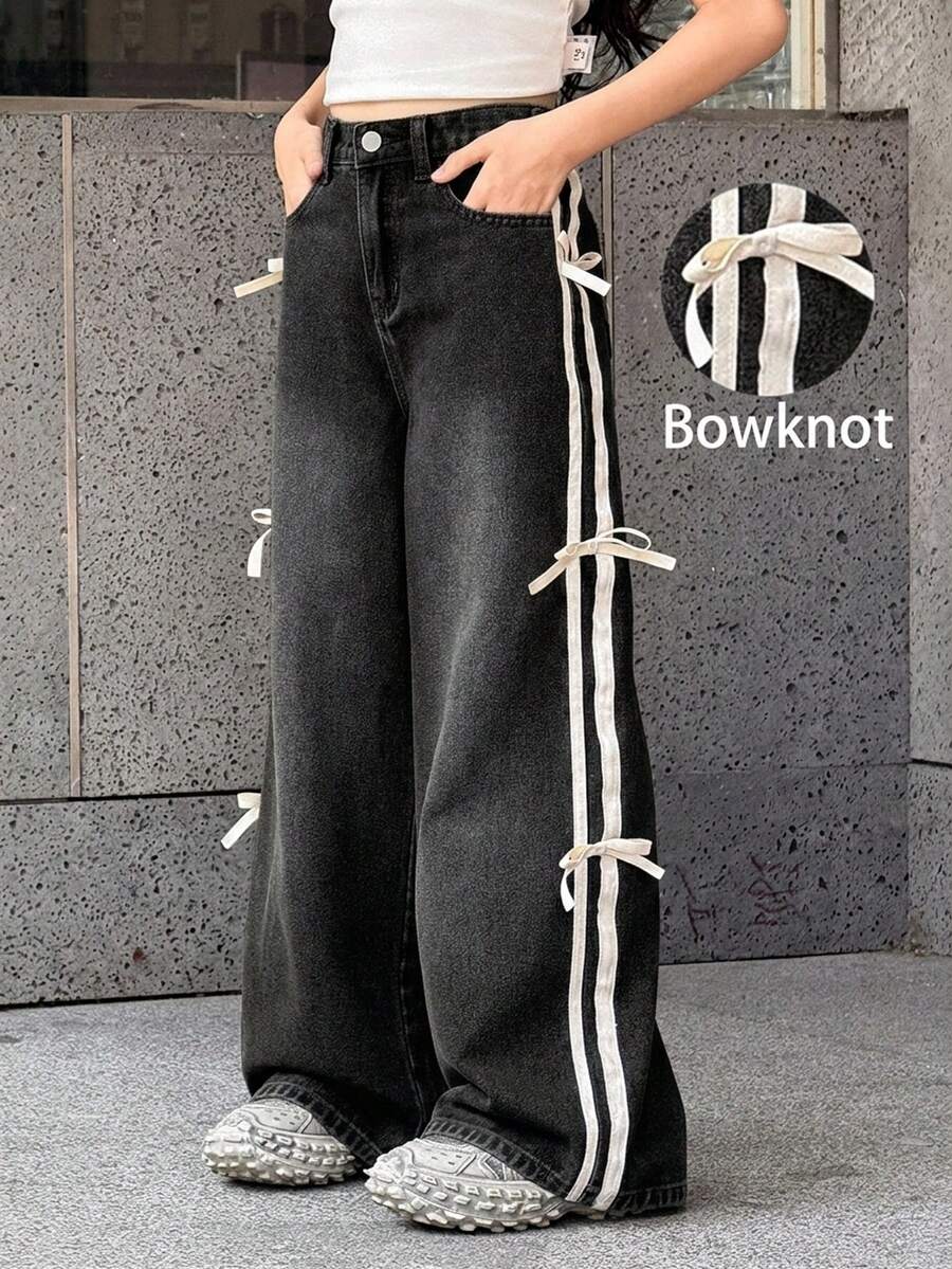 SHEIN 大女孩拼色條紋蝴蝶結裝飾牛仔長褲 - 黑色 - 查看 1
