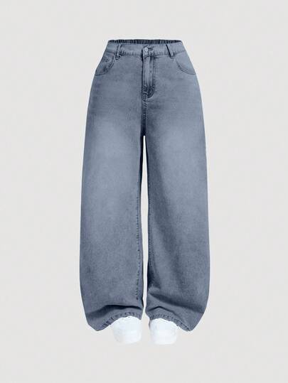 EURMUSE Plus Size Women's Solid Color Pocket Casual Versatile Wide Leg Jeans