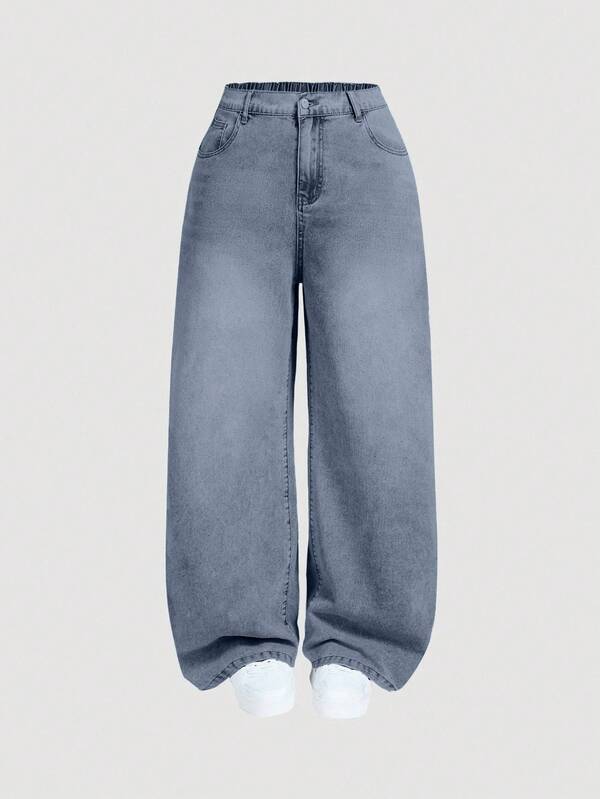 EURMUSE Plus Size Women's Solid Color Pocket Casual Versatile Wide Leg Jeans