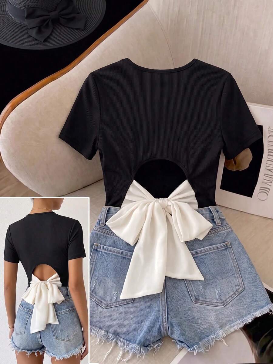 SHEIN Tie Back Rib Knit Top - Black - View 1