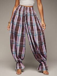 Hauture Pantalones largos para mujer de tela a cuadros naranja con fruncido, dobladillo con volantes, cintura elástica alta con diseño de lazo, pierna acampanada, estilo callejero, casual para vacaciones, bohemio, corte holgado, versátil para uso diario y desplazamientos - Multicolor - Ver 2
