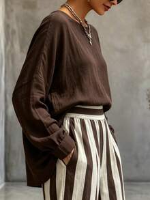Breezaya Women's Loose Round Neck Long Sleeve Top & High Waist Brown Striped Wide Leg Pants 2 Pieces Casual Vacation Outfit - Multicolor - View 4