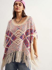 Bohemela Women's Plaid Asymmetric Neck Asymmetric Hem Shawl Sweater With Tassels Everyday Travel Beige Summer Boho - Multicolor - View 5