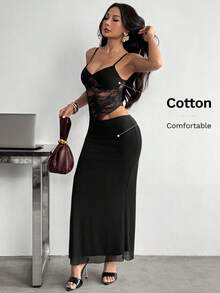 SHEIN PETITE 女款對比蕾絲腰部鏤空時尚性感細肩帶洋裝 - 黑色 - 查看 5