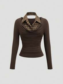 Sweetra Black Knit Plaid Patchwork Shirt, 2-In-1 Top, Back To School Season - Brown - View 2
