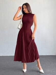 SHEIN PETITE 女款優雅百褶修身A字洋裝 - 酒紅色 - 查看 5