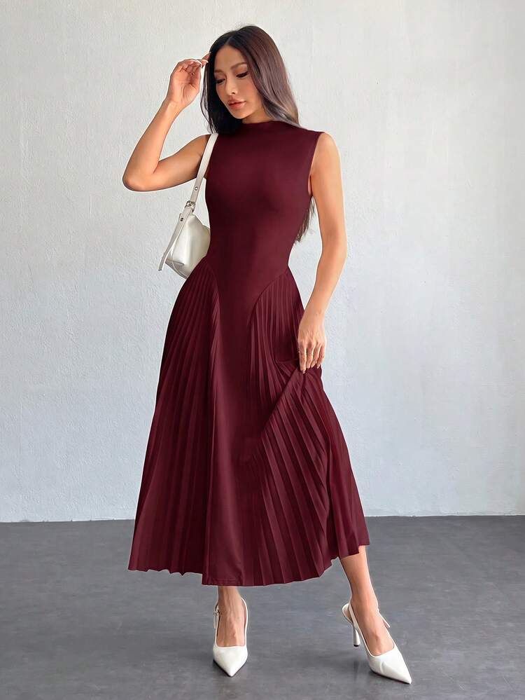 SHEIN PETITE Women Elegant Pleated Tight-Fitting A-Line Dress - Burgundy - View 5