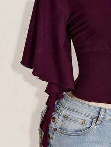 SHEIN ICON Plus Size Women Solid Color V-Neck Pleated Casual Versatile Daily Wear T-Shirt - Maroon - View 9