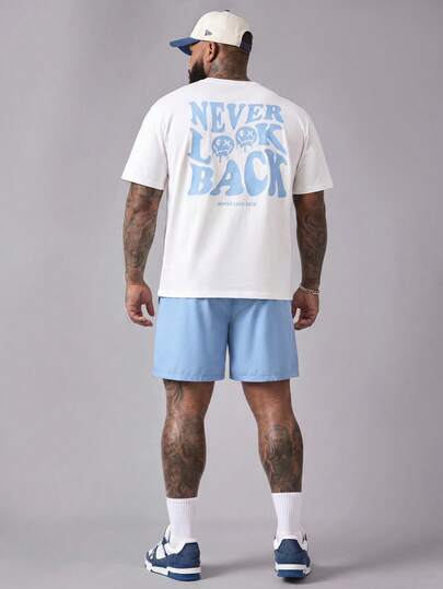EASEVO Plus Size Men Slogan Print Round Neck Short Sleeve T-Shirt And Shorts Casual Set, Vacation, Father's Day Gifts
