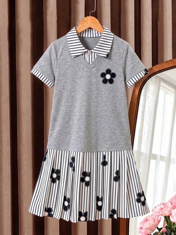 SHEIN Sparklyn 1pc Girls' College Style Patchwork Dress Grey Knit Top Black And White Printed Striped Collar Cuffs Floral Skirt Back-To-School, Fall, Autumn, Winter - Multicolor - View 7
