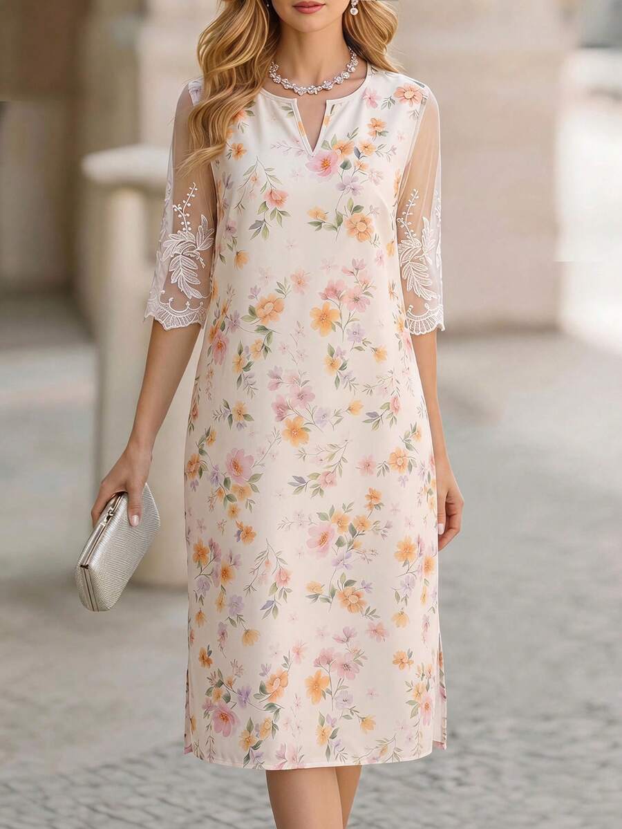 Medorina 女款花卉印花V領刺繡拼接度假洋裝,米白色,夏季,優雅,婚禮賓客,鄉村風節慶穿搭粉色洋裝 - 彩色 - 查看 1