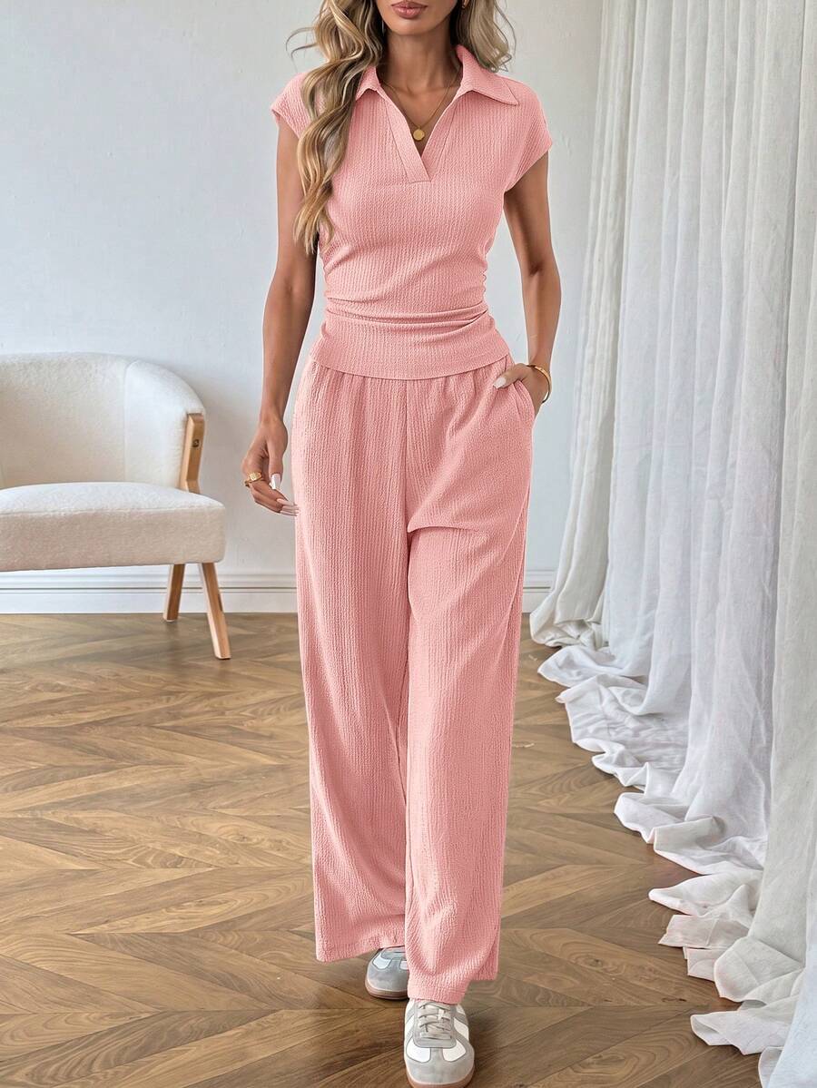 SHEIN LUNE 休閒女款 Polo 領短袖上衣與長褲 2 件套裝 - 粉色 - 查看 1