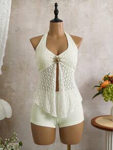 Sunnyshic Spring/Summer 2 Pieces Women's Beachwear Set Sexy Tropical Vacation Solid Color Textured Fabric Beige Sun Halter Tank Top Bikini Bottoms - Apricot - View 4