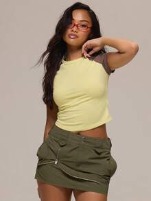 MUSERA Green Shell Cargo Button Detail Mini Skirt Winter Casual Day Comfy Outfit Cool  Green Womens Skirt - Khaki - View 6