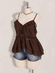SHEIN ICON Plus Size Women's Ruffle Chiffon Solid Color Tie Strap Camisole - Brown - View 8